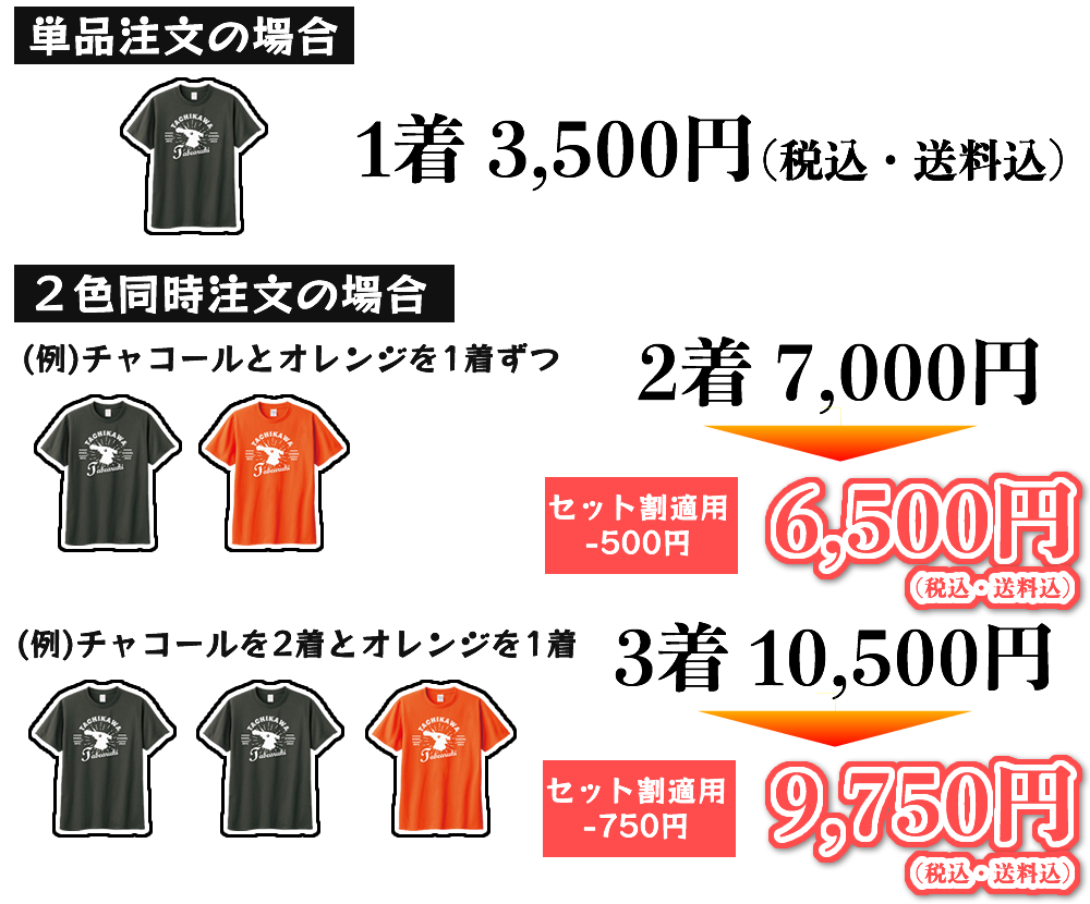フェスTの価格 1着単品注文は3500円、2色同時注文の場合はセット割500円適用で7000円
